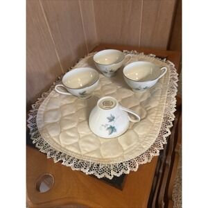 Noratake China Set Of 4 Tea Cups Design 618 White And Silver And Blue Leaves